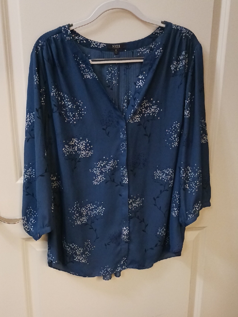 NYDJ Blue Floral V-Neck Button Blouse